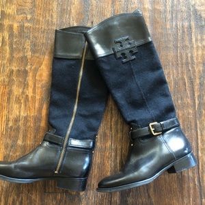 Tory Burch Navy Wool and Black Leather Boot